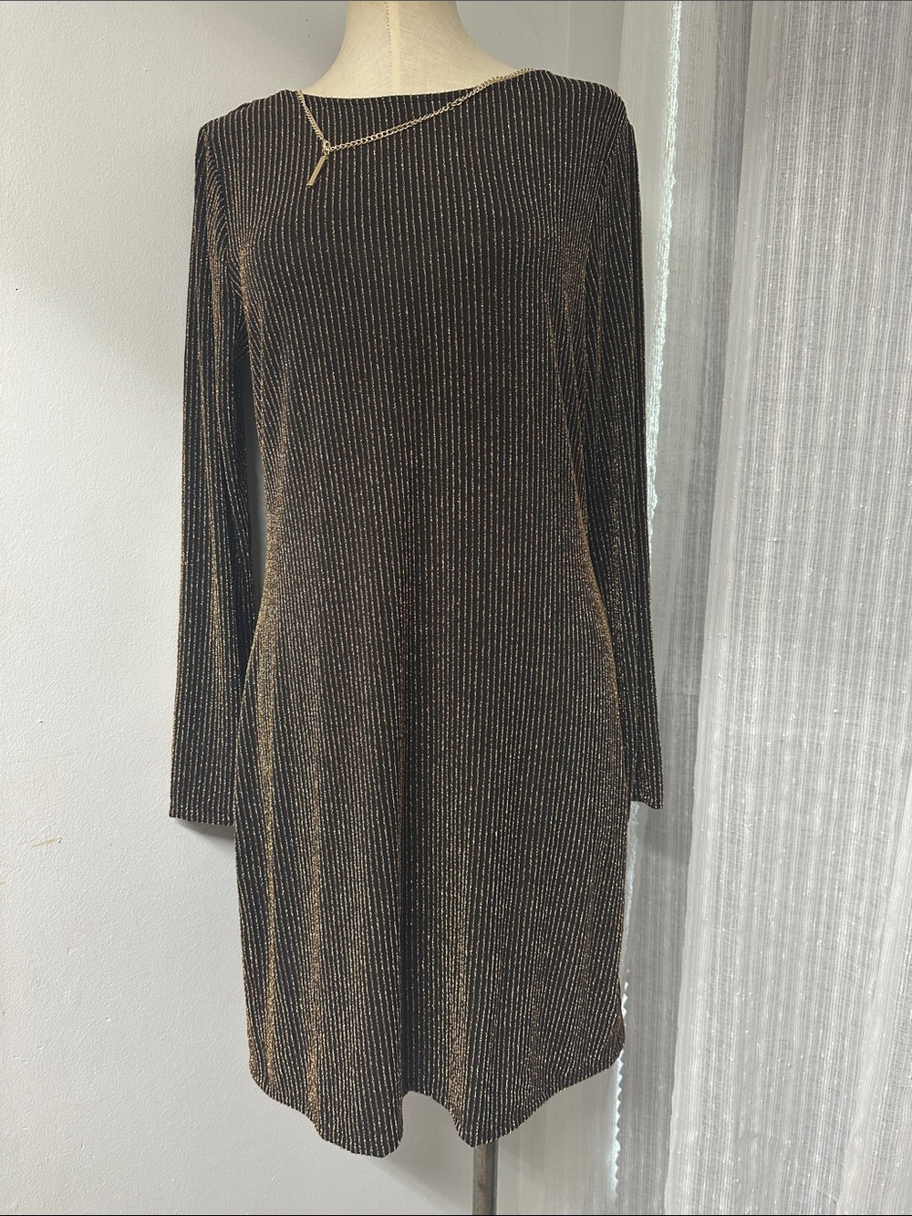 Michael Kors Long-Sleeve Black & Gold Metallic Shift Dress